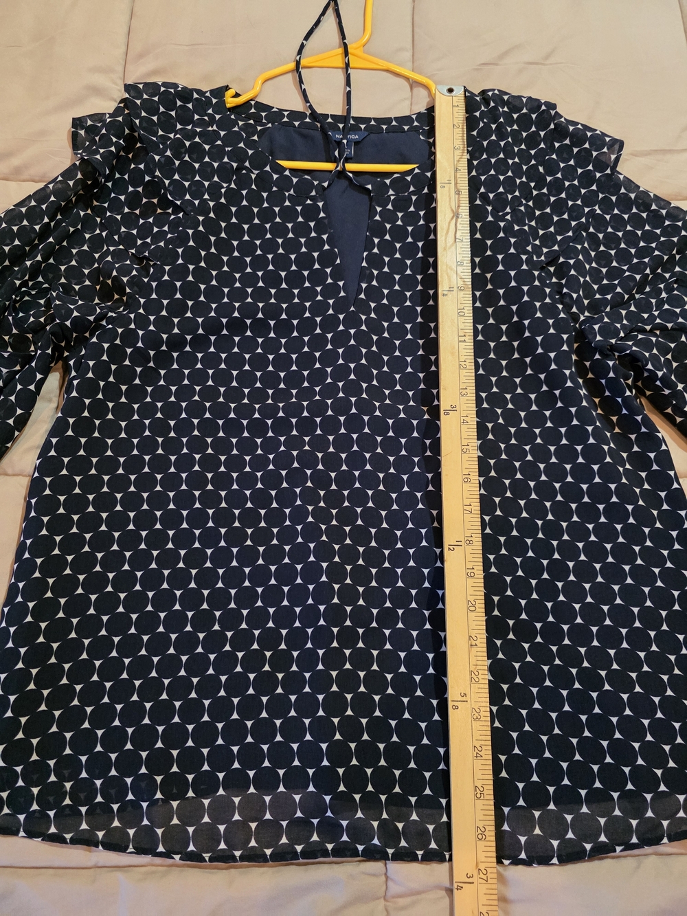 Nautica Women Navy Geometric Ruffle Sleeve Blouse Size L - Picture 4 of 16
